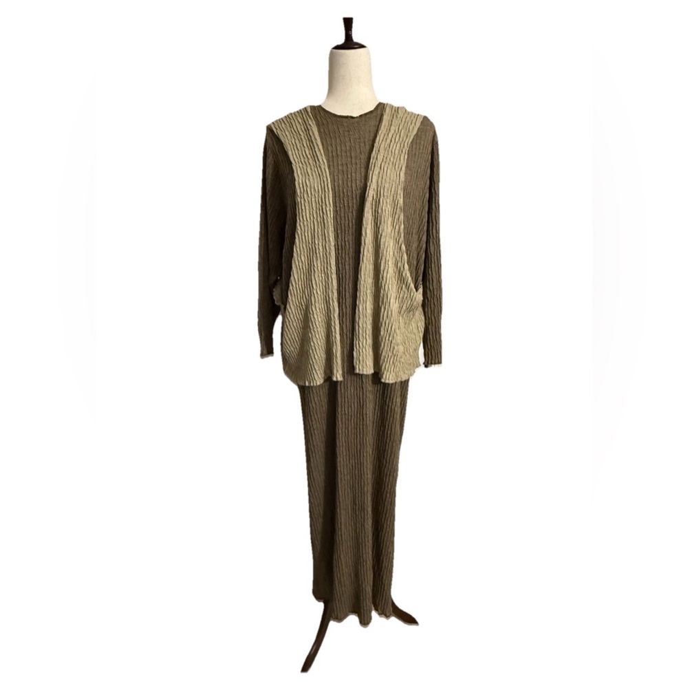 Vintage 90s Designer Casual Brown Maxi Dress with Crew Neck and Tan Vest M or L